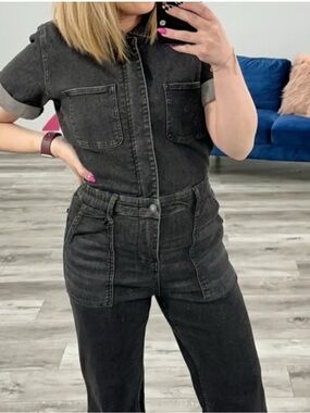 Judy Blue Tilda Black Denim Jumpsuit Short Sleeve Zip Front Stretch 1XL  88649